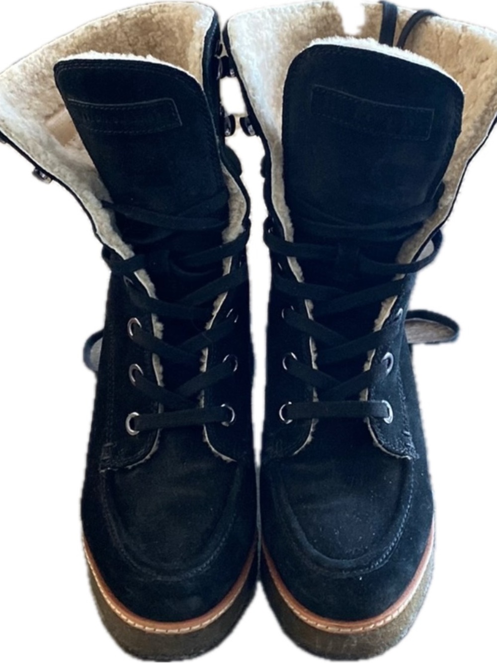 Veronica Beard Black Suede Lace-Up Boots with Cream Sherpa Lining